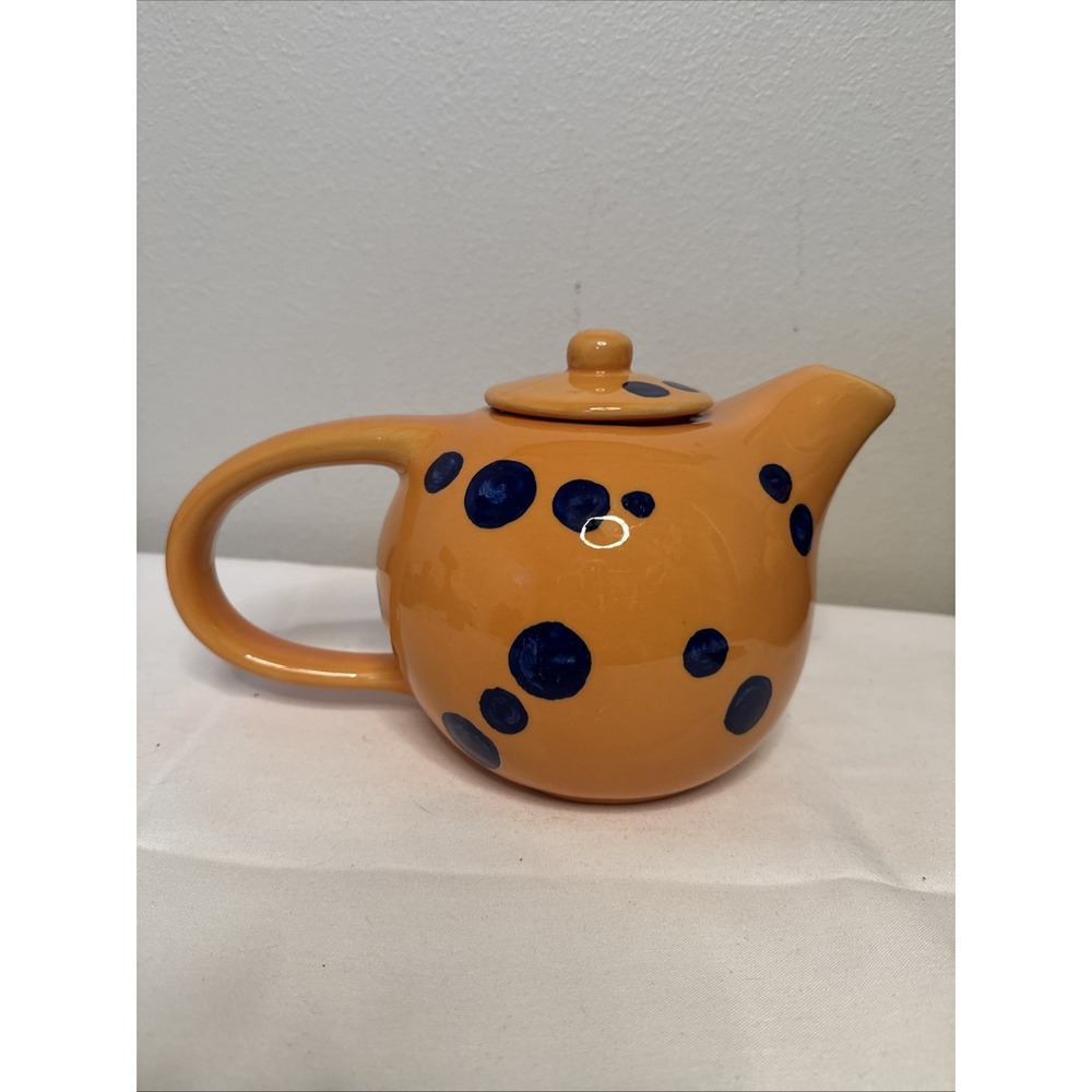 Evandale Hand Painted Ceramic Teapot Orange w Blue Dots w Lid Vintage 70s